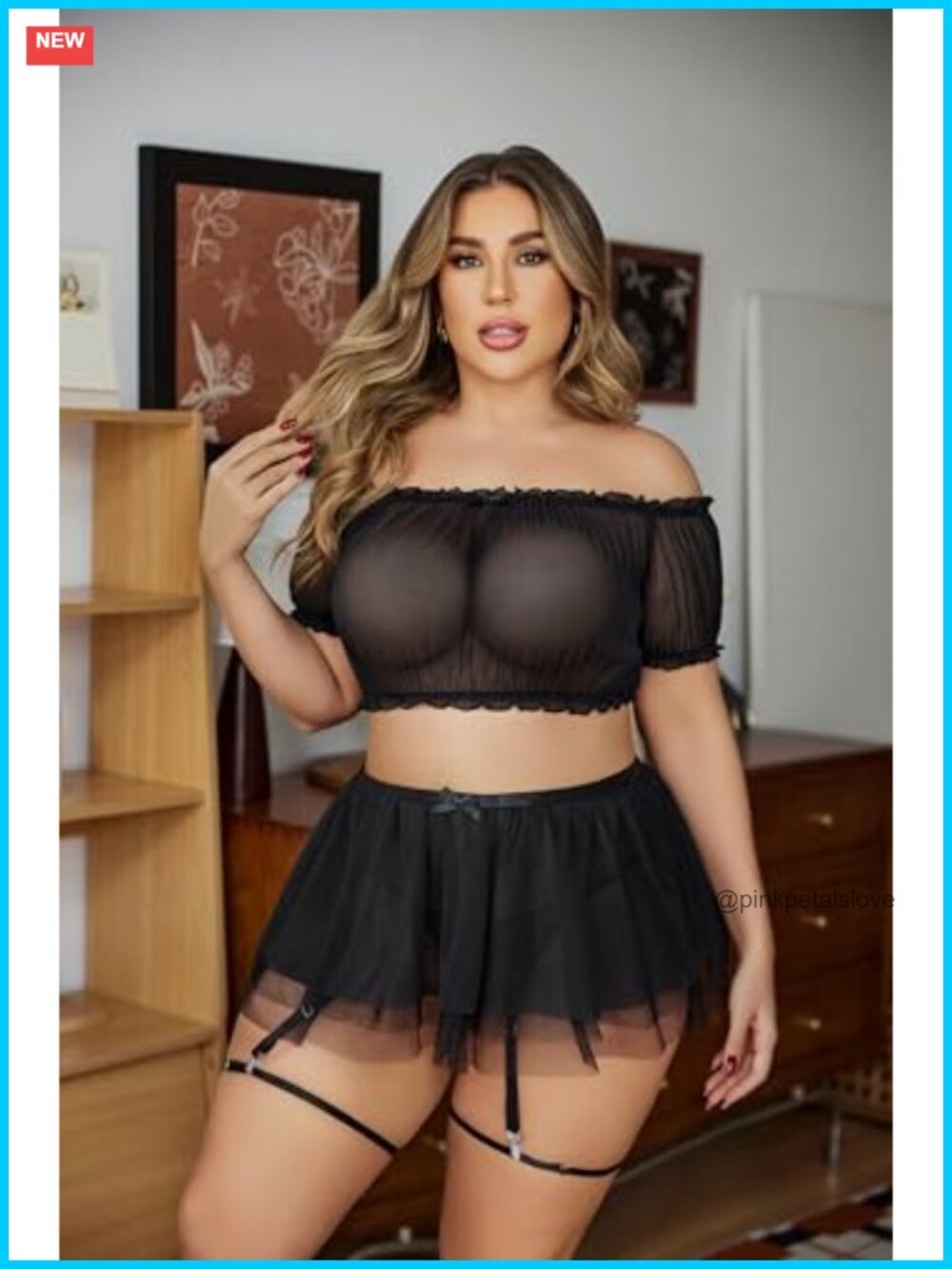 Plus Size 3 Piece Lingerie Set Mesh Ruffle Garter Top Skirt Thong - Picture 2 of 7